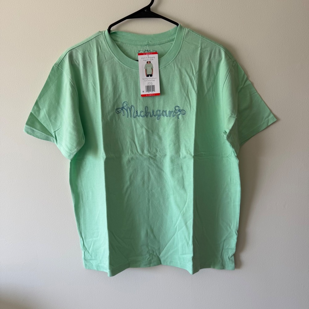 State of Mine Michigan Mint Green Embroidered Graphic Tee Shirt XS NWT 16470